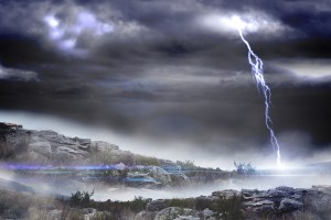 Digitally generated stormy landscape with lightning bolt